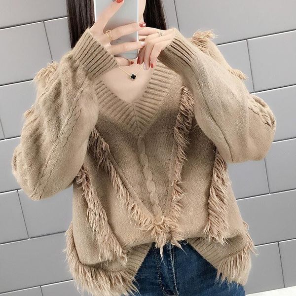 

v-neck tassel knitted shirt women 's long sleeve winter new lazy wind sweater women 's loose sleeve autumn and winter, White;black