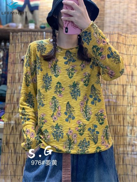 

2021 new women spring autumn vintage floral print long sleeve round neck slub cotton pullover sweater office lady casual knitwear dlc1, White;black