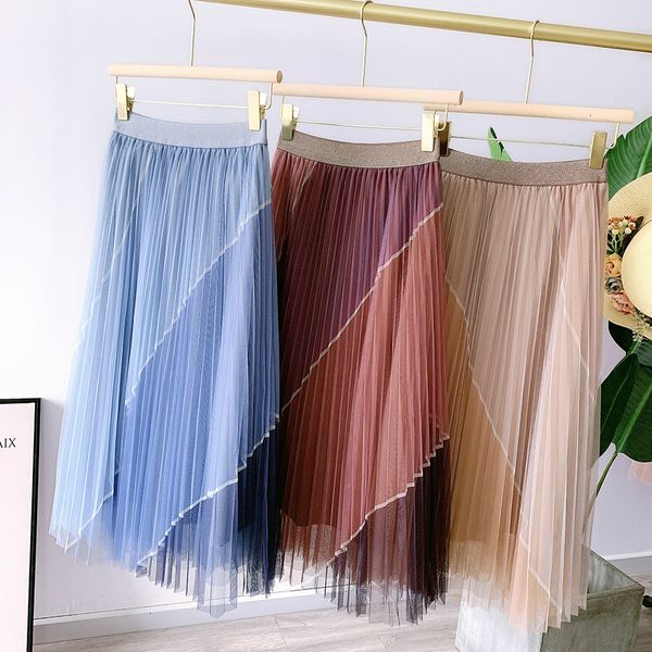 

2021 new quality women summer boho a-line mesh stretch high waist long pleated skirt femme elegant faldas jupe saia u1nd, Black