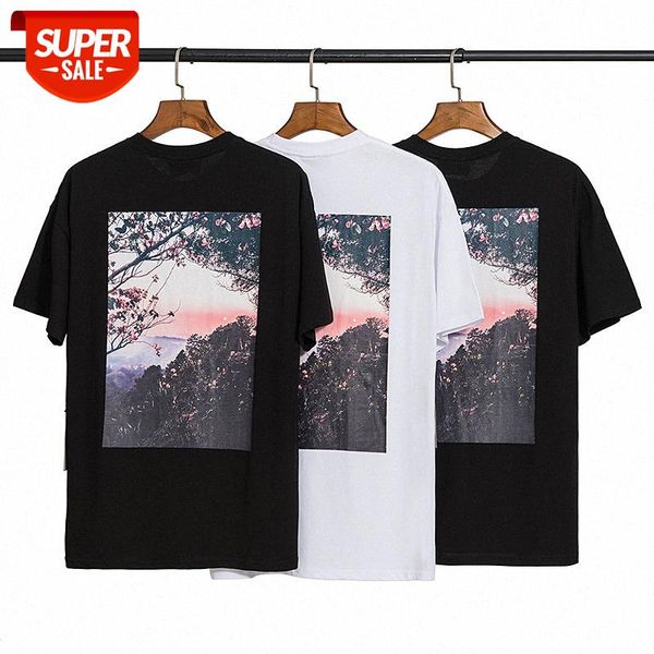

quality eentials double line forest cloud sea sunset flower print short sleeve #ay04, White;black