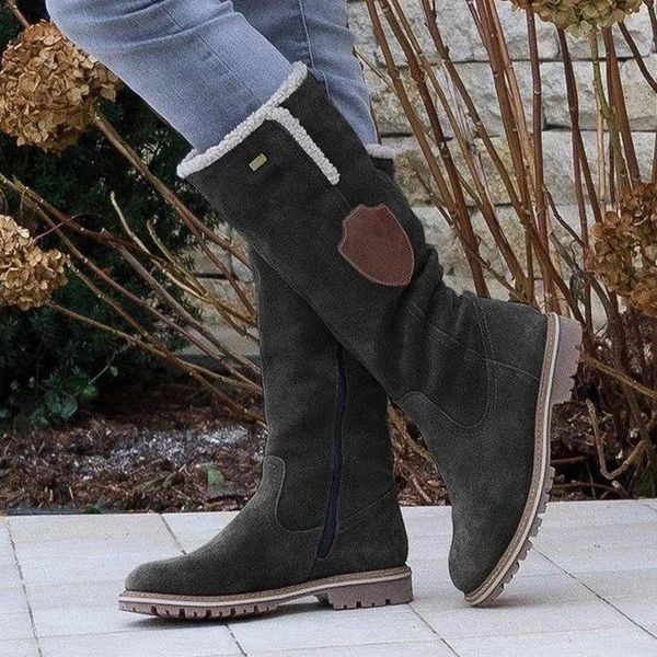 

boots women's pu flat heel mid-calf snow round toe winter with zipper tassel shoes combat for women2021, Black