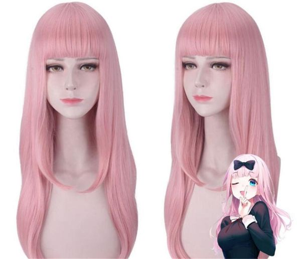 

party masks kaguya-sama: love is war fujiwara chika pink long wig cosplay costume heat resistent synthetic hair women play wigs c072