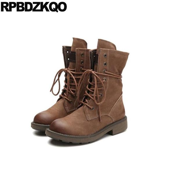 

boots fur flat ankle women combat vintage suede winter brown shoes front lace up casual autumn military sheepskin round toe, Black