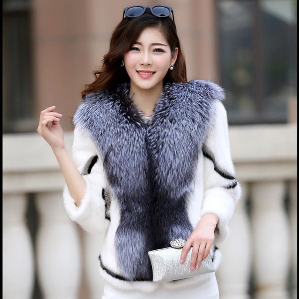 

women's fur & faux 2021 women natural real mink coat with silver collar short jacket outwear, Black