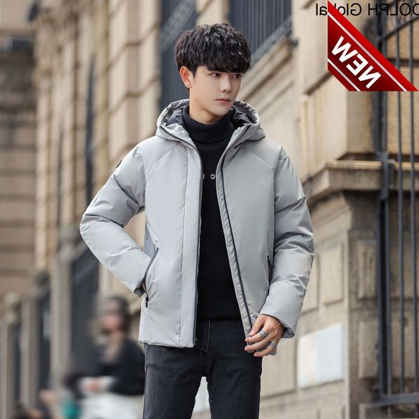 

young men wear zipper hooded solid white duck down jacket, Black