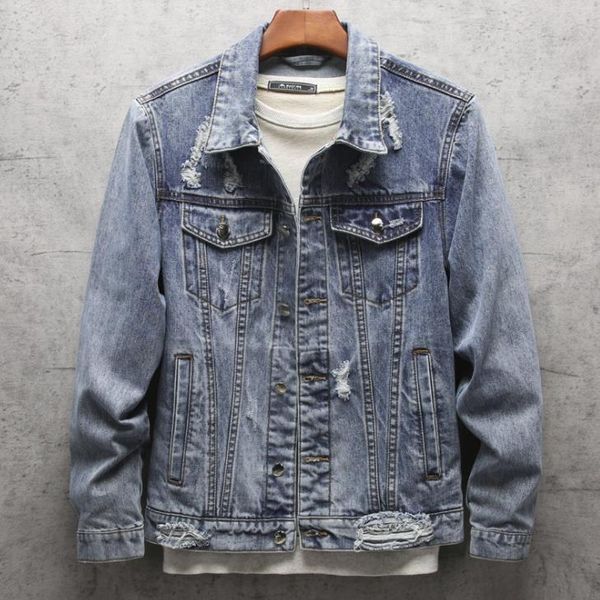 Erkek Ceket Kuş Yama Çiçek Tasarımları Sıradan Denim Vintage Mavi İnce Moda Hip Hop Ceket Nakış Yırtılmış dış giyim