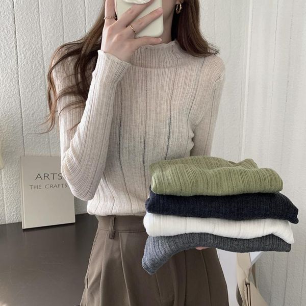 

women's sweaters autumn 2021 knitwear half high neck slim fit thin lazy bottom shirt long sleeve top, White;black