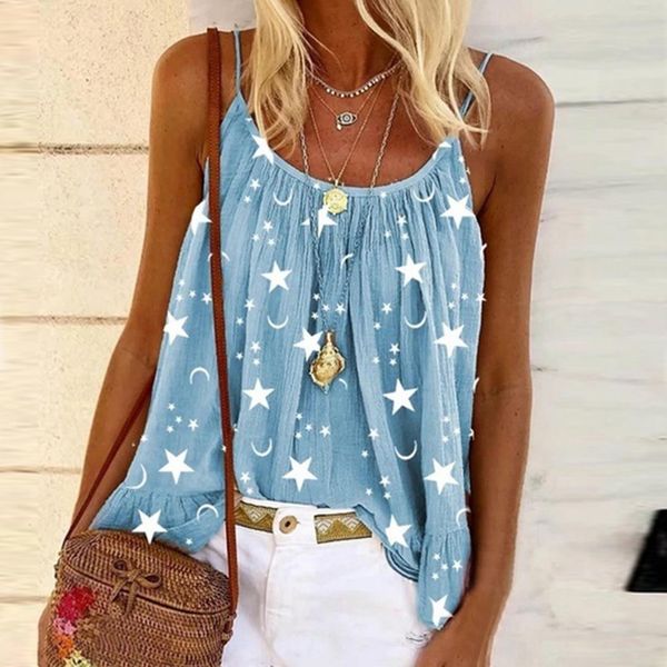 

cysincos 2021 summer print blouses shirt women backless sleeveless boho blouse plus o neck beach letter straps blusa, White