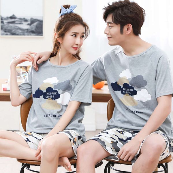 

couple pajamas thin short sleeve cotton men's korean cartoon lovely women's two piece suit summer, Black;red