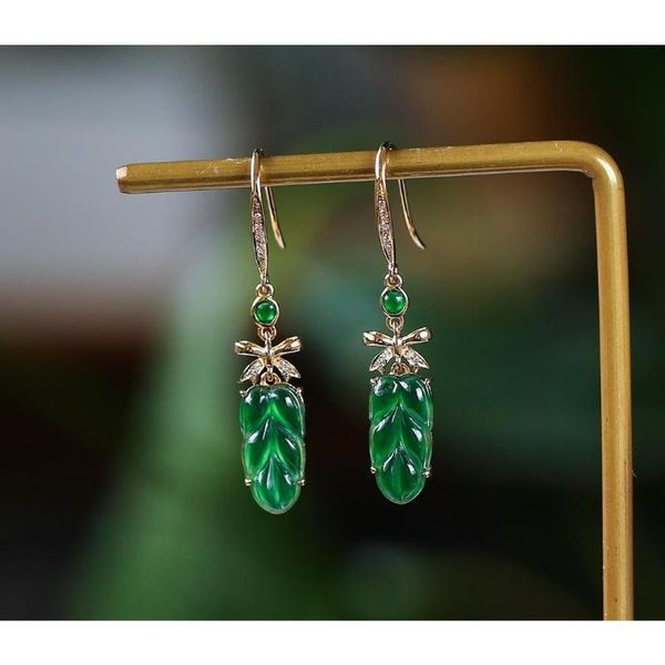 

dangle & chandelier original design natural jasper leaf bow earrings chinese retro elegant fresh light luxury charm women's silver jewe