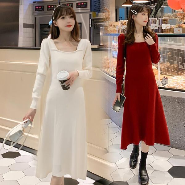 

maternity dresses 9045# autumn winter knitted long dress elegant a line slim waist sleeve clothes for pregnant women pregnancy, White
