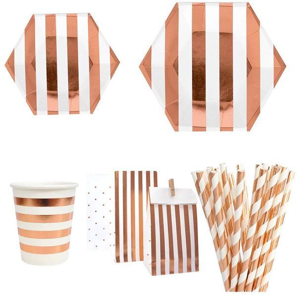 

packaging dinner service 55pcs/set rose gold stripe disposable party tableware sets paper plates cups gift bag birthday wedding baby shower