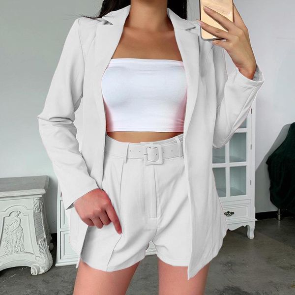 

women's tracksuits autumn winter solid blazer two piece set elegant turn-down collar + shorts slim matching with belt outfit, Gray