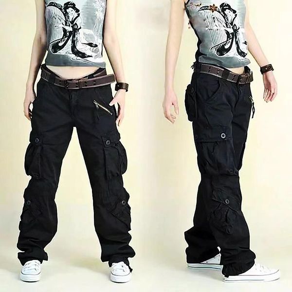 

women's pants & capris cargo hip hop trousers loose outdoor military pocket retro black plus size casual, Black;white