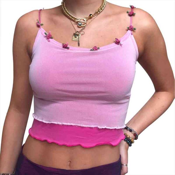 

summer push up spaghetti strap women tanks v neck crop y2k backless aesthetic rose white tulle and pink