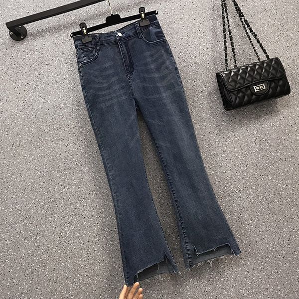 

feminine plus size l-4xl blue denim of the vintage thin waist high demin fringe enlargement casual pants 2021 fashion lady 9gu9