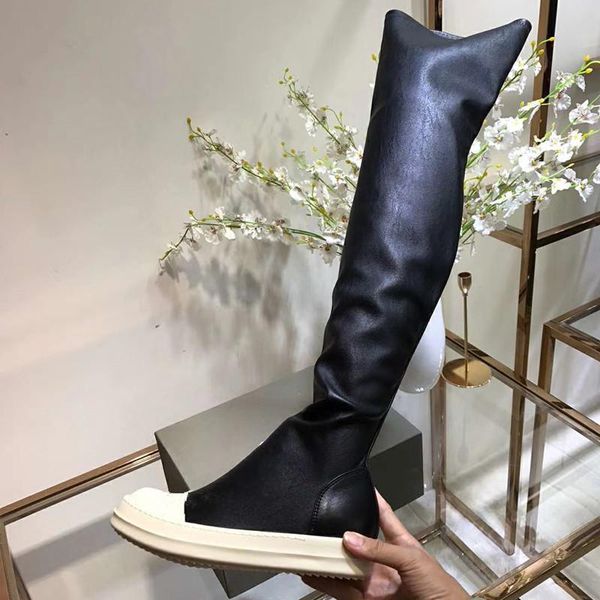 

boots women stretch over the knee flat fashion patchwork runway autumn winter shoes slim mujer, Black