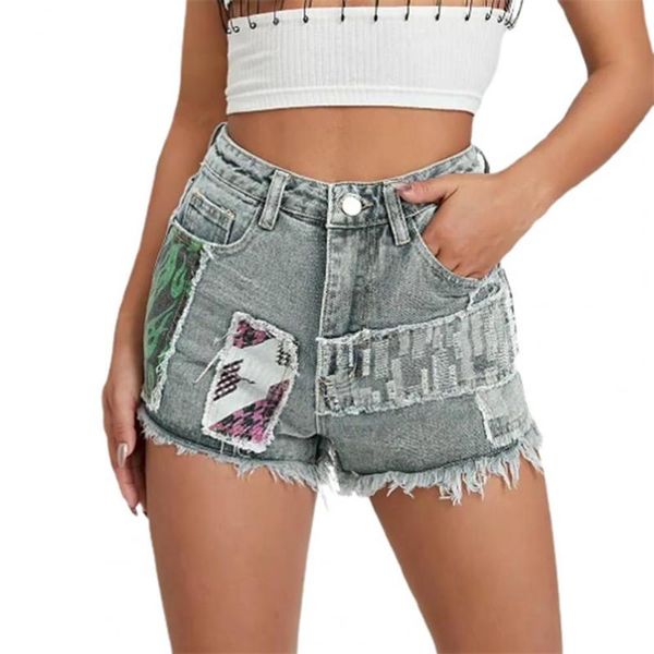 

women's shorts casual women summer high waist denim buttons vintage printed plus size tassel for daily wear lady jeans, White;black
