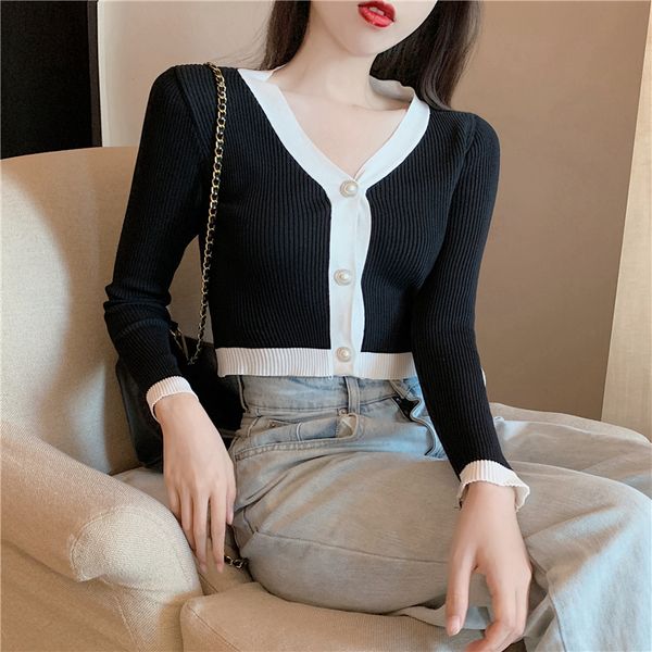 

2021 fall winter korean style knitted short sweater women v-neck cardigan button crop all match girl new t0n312a vle4, White;black