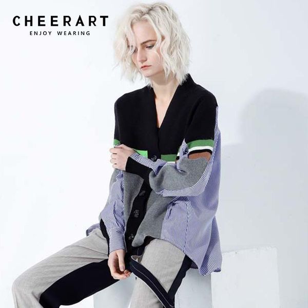 

cheerart v neck blouse shirt women spring knitted patchwork long sleeve high low shirt high fashion 2021 clothing, White