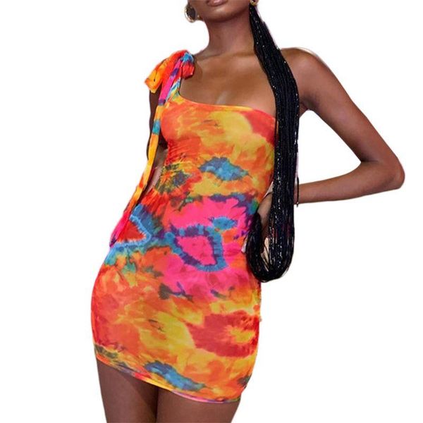 

casual dresses women summer sleeveless bodycon mini dress one shoulder lace-up bandage boho colorful tie-dye print beach clubwear, Black;gray