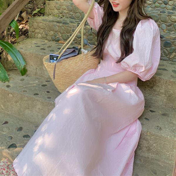 

puff sleeve french sweet midi dresses for women 2021 summer backless vintage solid dress females fairy bandage korean style, White;black