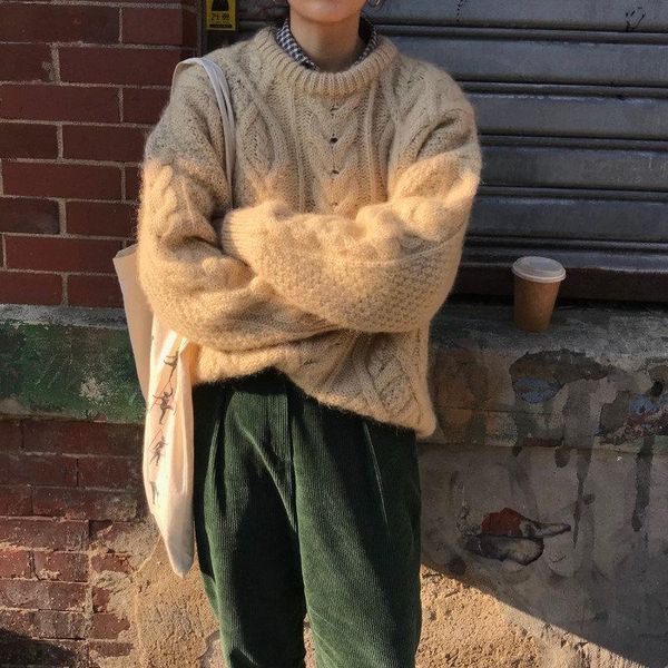 

cute vintage thick twisted office lady loose apricot elegant pullovers girls high street knitted casual sweater, White;black