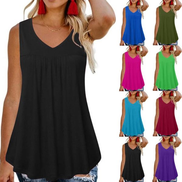 

women's tanks & camis womail 2021 summer t-shirt casual v-neck pleated sleeveless vest camisole simple solid loose tank flowy shirts, White