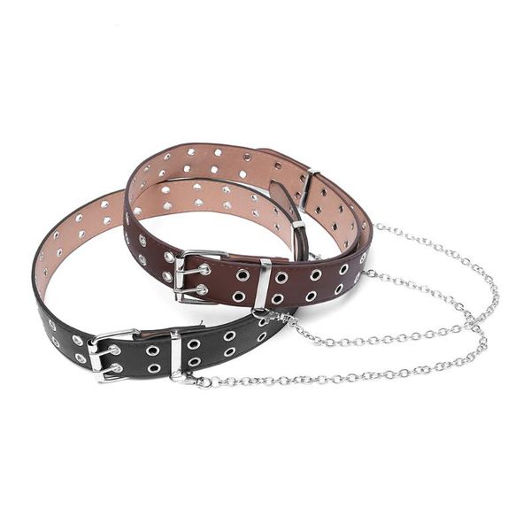 

fashion harajuku women punk chain belt adjustable black double/single eyelet grommet metal buckle leather waistband for jeans, Black;brown