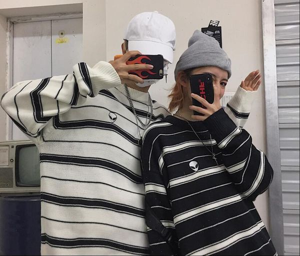 

women womens sweaters sweater autumn and winter korean striped bf wind loose long sleeved knit drop high quality, White;black