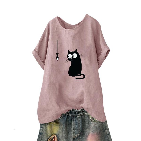 

women shirts loose cat print plus size casual beach vintage funny o neck pink crew neck trend elegant summer blouse shirts, White