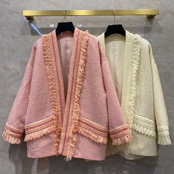 

women's wool & blends autumn 2021 spring fashion high qulity tweed coat chic oversize bf style tassels cardigans overcoat b739, Black