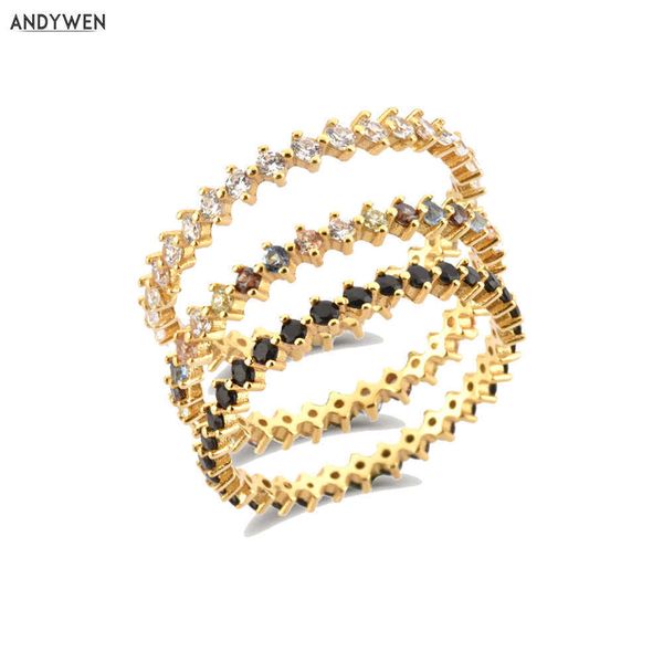 Andywen 925 Sterling Silber Gold Full Zirkon Regenbogen CZ Dame Vogel Ring Größe Frauen Hochzeit Schmuck Rock Punk Runde 210608