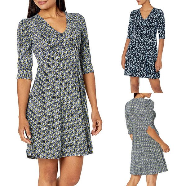 

2021 printed autumn european and american v-neck medium sleeve large swing dress, White