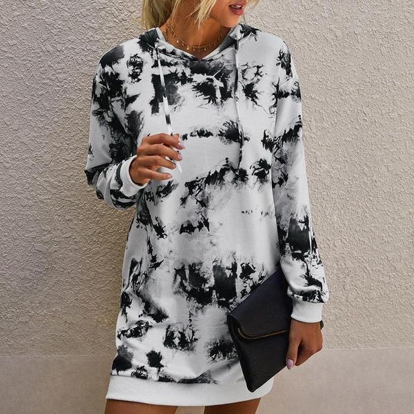 

casual dresses women stylish long sleeve tie dye pocket drawstring sweatshirt mini hoodie dress autumn, Black;gray
