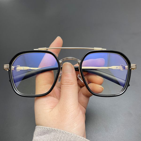 

75% off outlet store online metal double beam croquet large flat lens men's and women's frame plain anti blue glasses, White;black