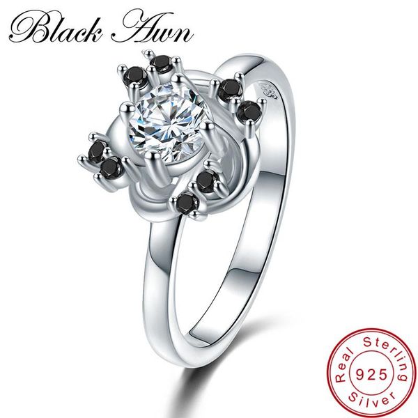 

cluster rings [black awn] flower 3.2g 925 sterling silver jewelry black stone engagement for women round zircon wedding ring c416, Golden;silver