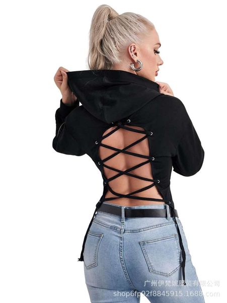 

women's back drawstring open hooded slim sweater, Black