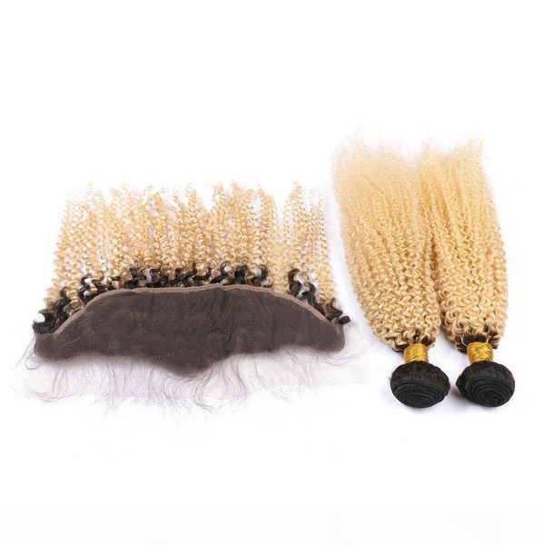 

kinky curly 1b 613 blonde ombre brazilian virgin hair 2bundles with frontal ombre blonde curly weaves with 13x4 lace frontal closure, Black;brown