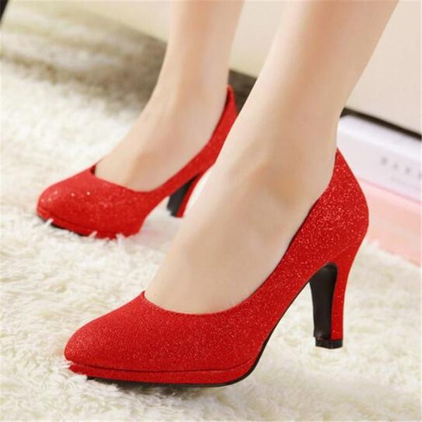

dress shoes women thick high heels stiletto pumps bridal wedding sequined cloth slip on 6-8cm round toe bling shallow 2021, Black