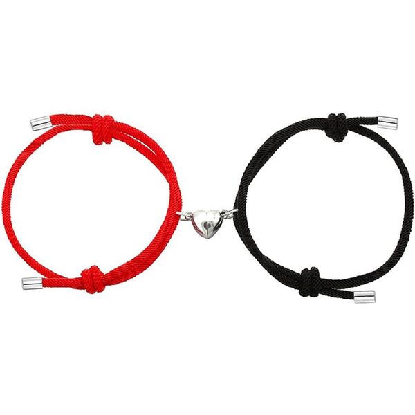 

link, chain pair of two and a half heart magnet bracelet pendant couple lovers friendship gift, Black