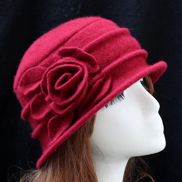 

stingy brim hats women's ladies elegant wool flower hat winter vintage cloche bucket cap, Blue;gray