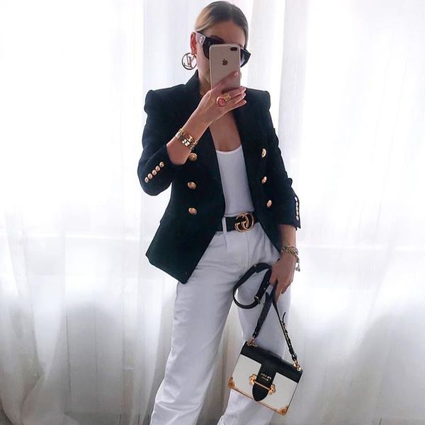

black white khaki blazer jacket women office formal double breasted metal buttons plus size women blazers jackets high quality, White;black