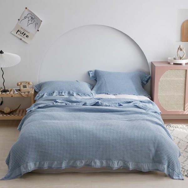 

blankets 1pc blue grid blanket ruffles decor 100%pure cotton blandets soft grey bed linen bedclothes for kids adults korean home textile