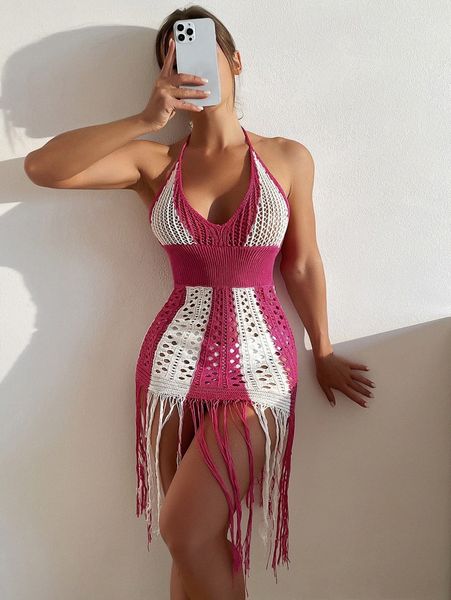 

colorblock fringe crochet cover up o5my#, White;black