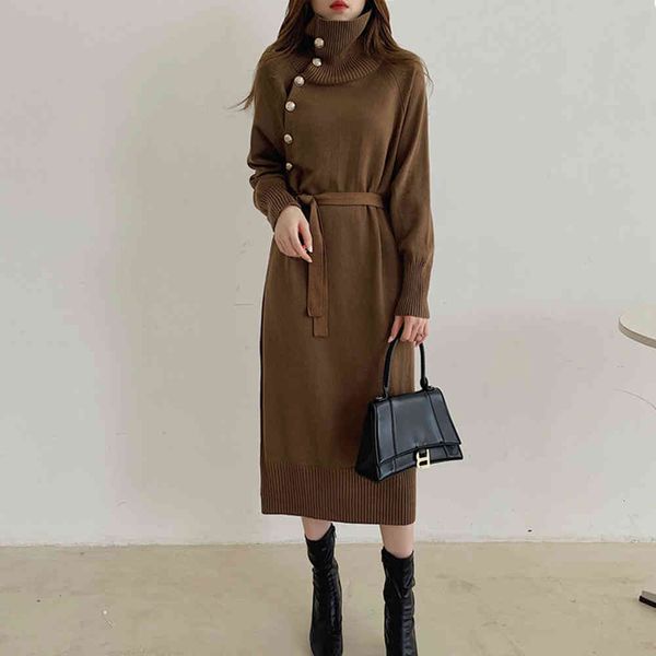 

casual dresses dressed for woman elegant turtleneck high buttons nightdress knitting temperament mid-length thin office lady dresses cwzy, Black;gray