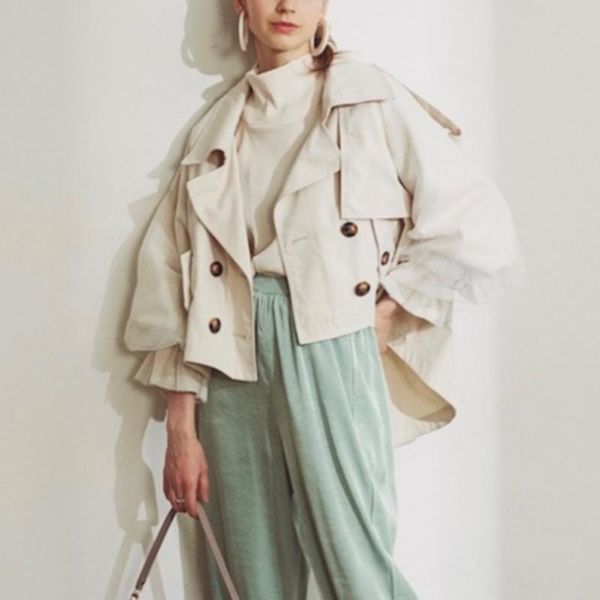 

women trench sweet temperament double breasted lapel mesh gauze sleeve coats autumn winter japan design casual office lady coat, Tan;black