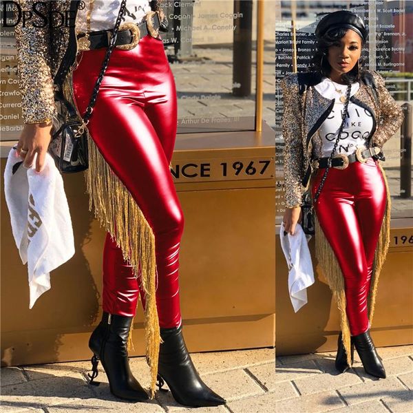 

women's jeans women 2021 fashion leather long pants high waist pure color straight streetwear party tassel, Blue