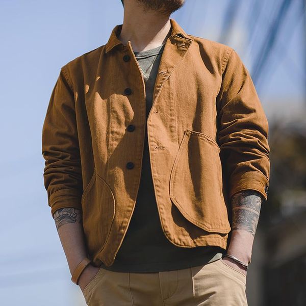 

men's jackets maden cotton fabric brown casual jacket retro single-breasted button multi-pocket large capacity pocket, Black;brown