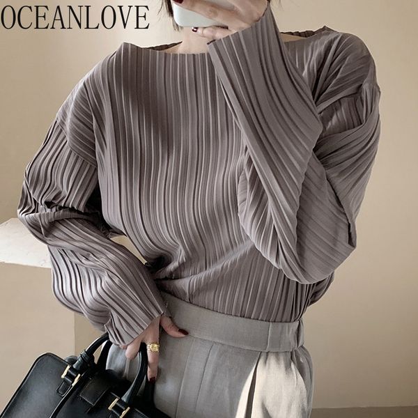 

oceanlove pleated solid women blouses korean office lady elegant autumn blusas mujer 2021 shirts fashion long sleeve 210303, White